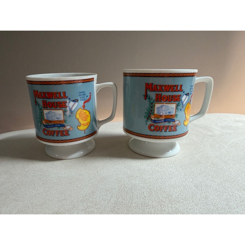Vintage Maxwell House Coffee Footed Mugs Set of 2 Blue Pedestal Ceramic Cups